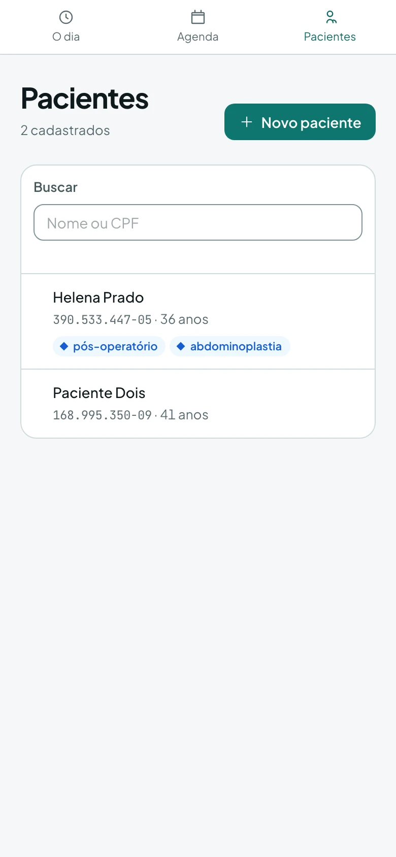 Lista de pacientes com CPF, idade e as etiquetas de cada um.