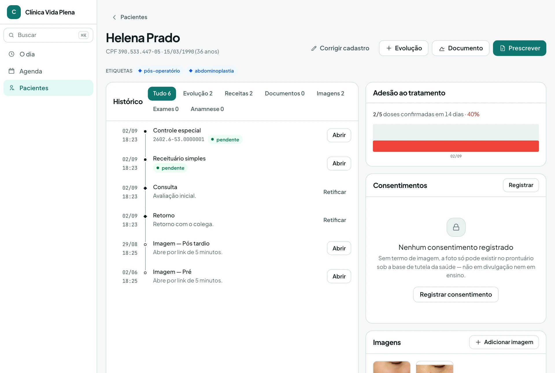 Ficha do paciente no Prontu: histórico, receitas, adesão ao tratamento e consentimentos.