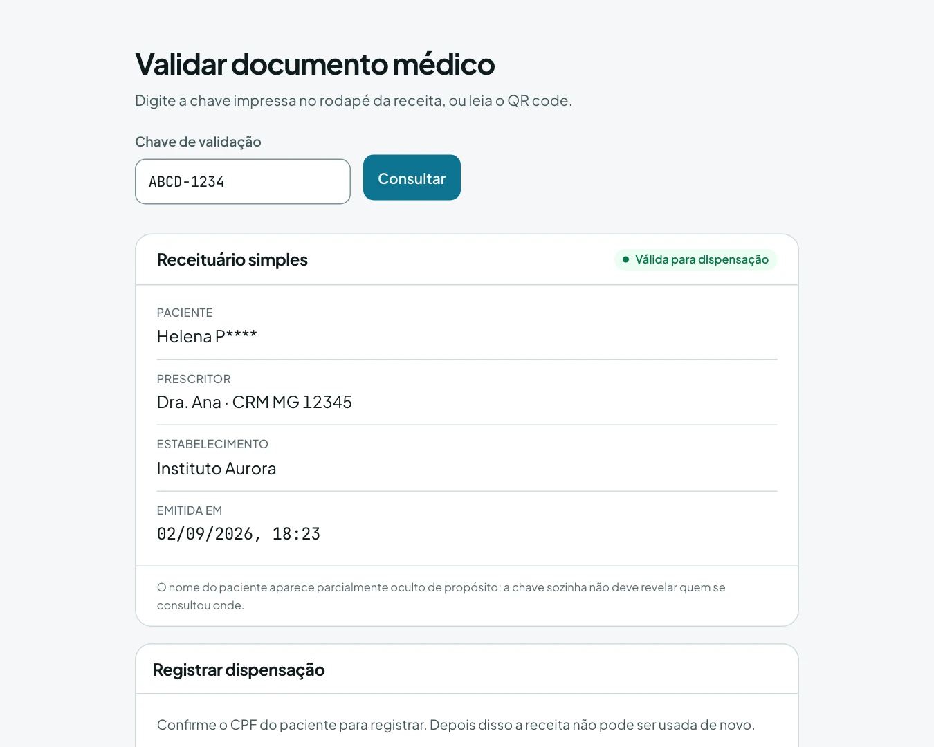 Página pública de validação: receituário conferido, com o nome do paciente parcialmente oculto.